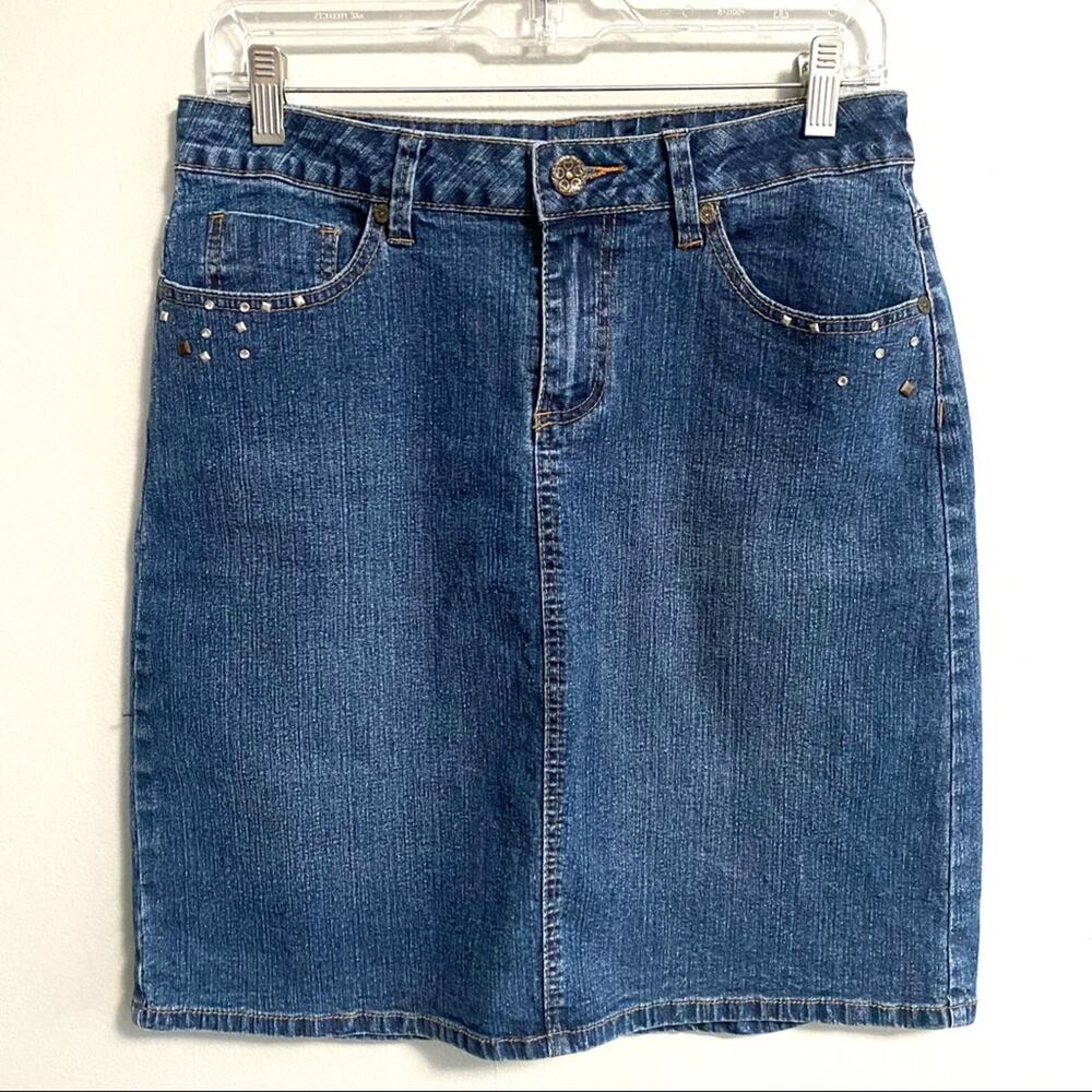Vintage 90's Retro Denim Mini Short Jean Pencil Straight Skirt Blue Womens 8
